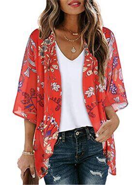 Red Floral Print Puff Sleeve Kimono Cardigan Loose Cover Up Casual Blouse